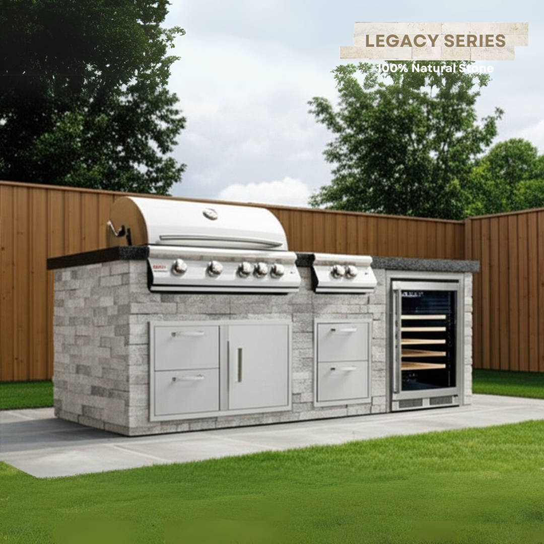 The Legacy Deluxe 8 Ft Island with 32" Blaze LTE Grill, LTE Power Burner, Glass Door Refrigerator, Drawers & Granite Countertop