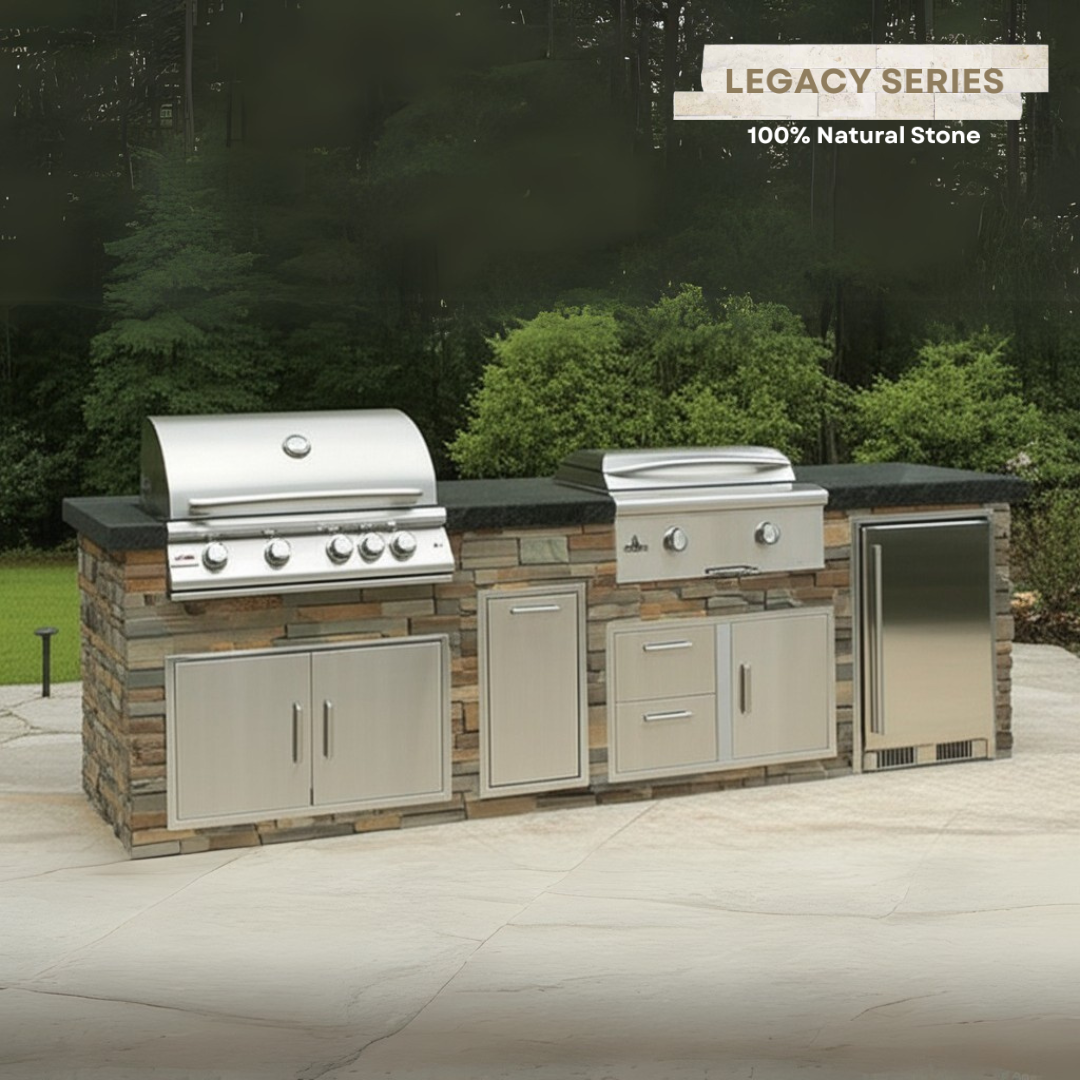 The Legacy Ultimate 10 Ft Island with 32" Blaze LTE Grill, 30" Blaze LTE Griddle, Refrigerator, Drawers, Trash Bin & Granite Countertop