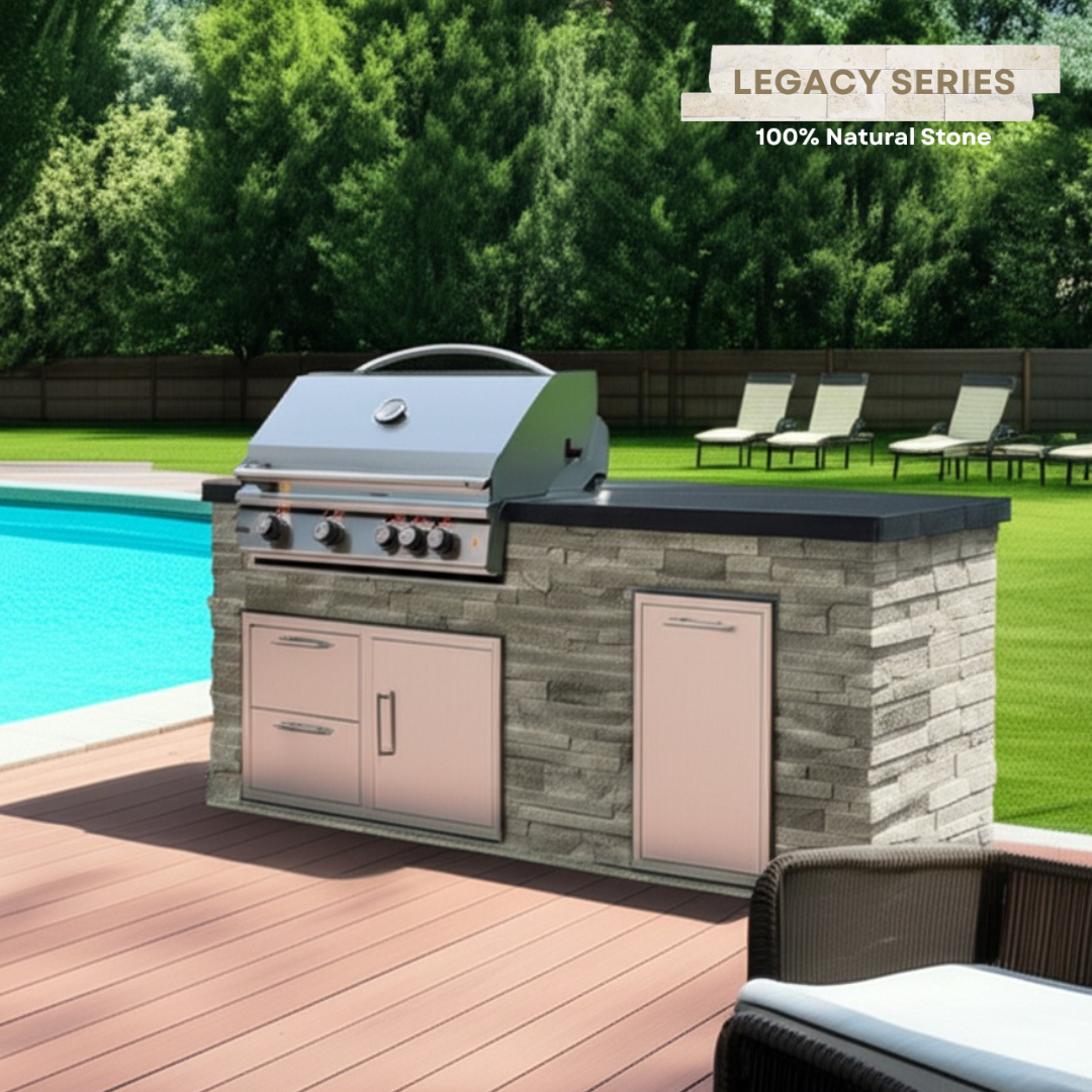 The Legacy Classic 6 Ft Island with 32" Blaze LTE Grill, Drawer Combo, Trash Bin & Granite Countertop