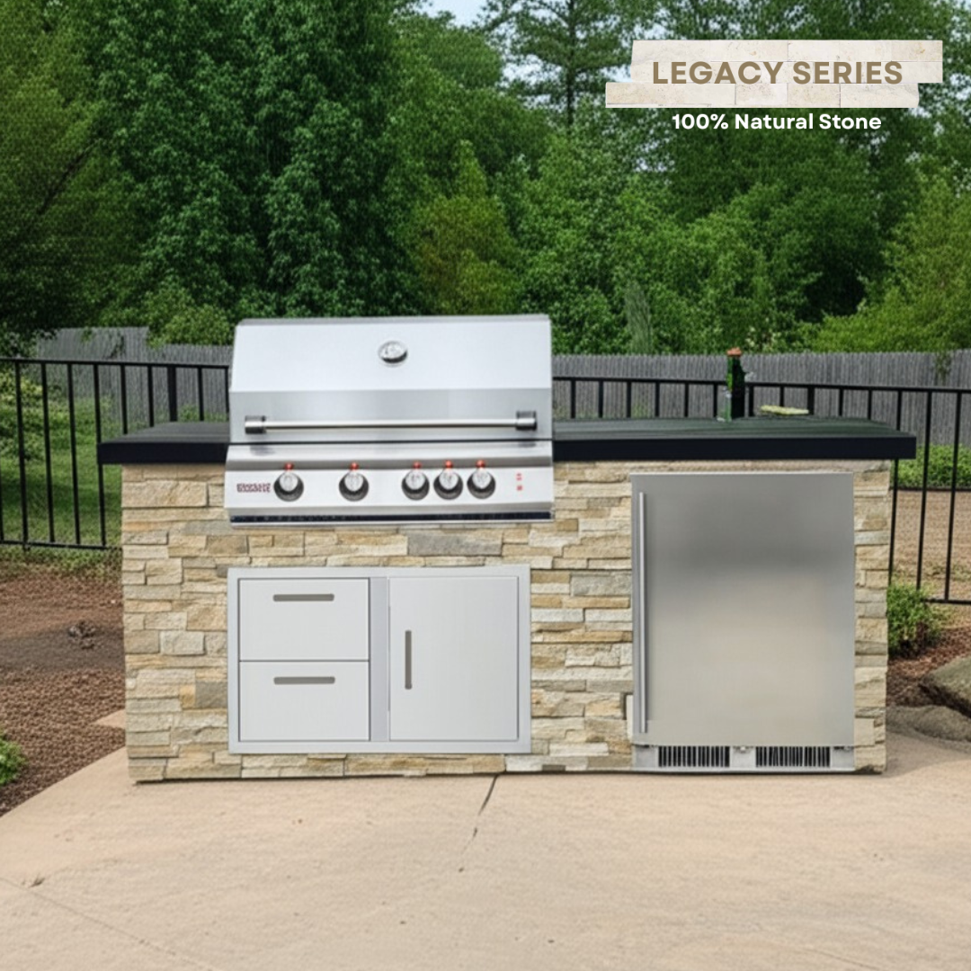 The Legacy Compact 6 Ft Island with 32" Blaze LTE Grill, Refrigerator and Drawer Combo & Granite Countertop