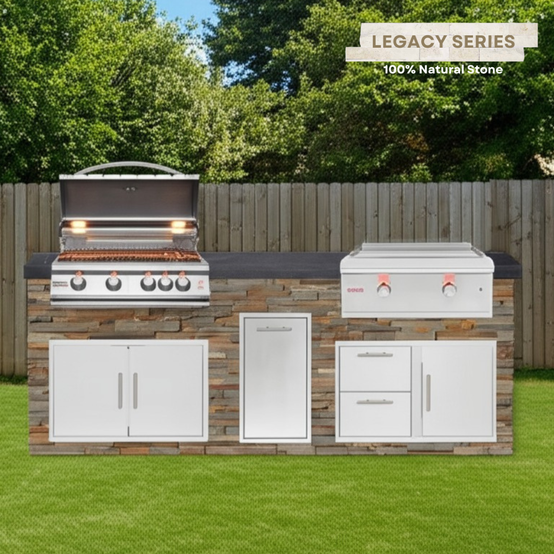 The Legacy Elite 8 Ft Island with 32" Blaze LTE Grill, 30" Blaze Griddle, Drawers, Trash Bin & Granite Countertop