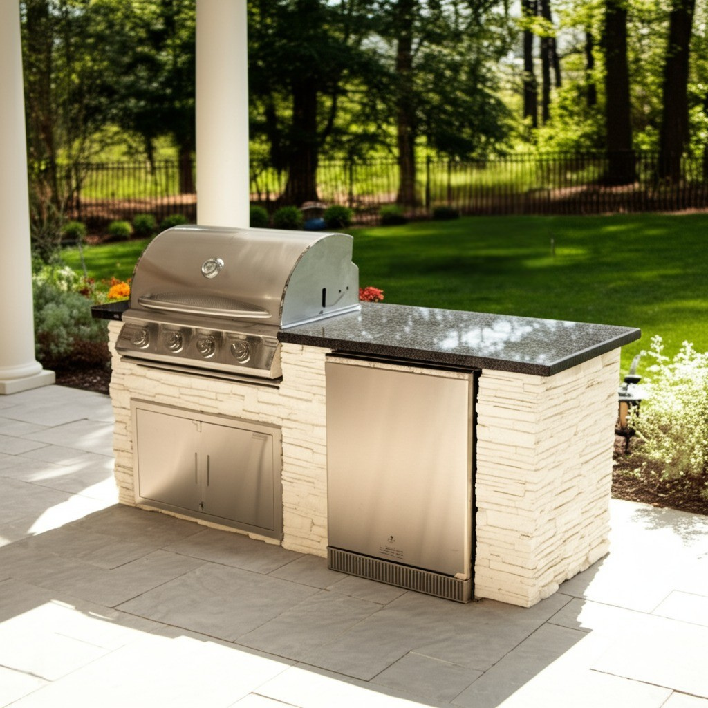 The Stonecrest 6 Ft Island with 32" Blaze Gas Grill, Refrigerator & Granite Countertop