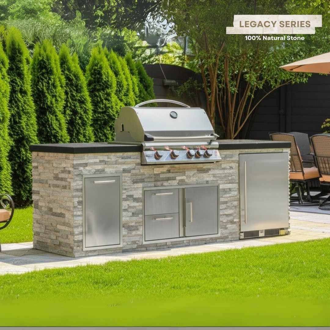 The Legacy Pro 8 Ft Island with 32" Blaze LTE Grill, Refrigerator, Drawers, Trash Bin & Granite Countertop