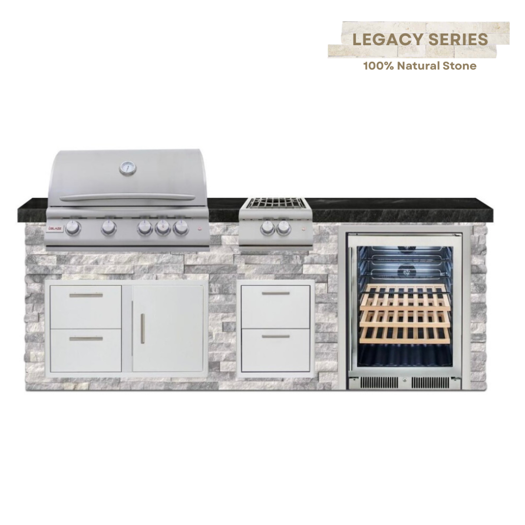 The Legacy Deluxe 8 Ft Island with 32" Blaze LTE Grill, LTE Power Burner, Glass Door Refrigerator, Drawers & Granite Countertop