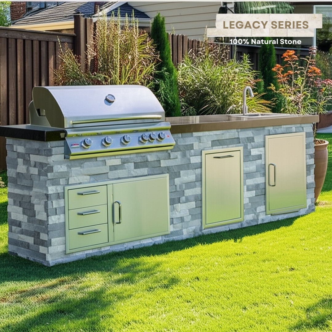 The Legacy Grand 10 Ft Island with 40" Blaze LTE Grill, Sink, Drawer Combo, Trash Bin and & Granite Countertop