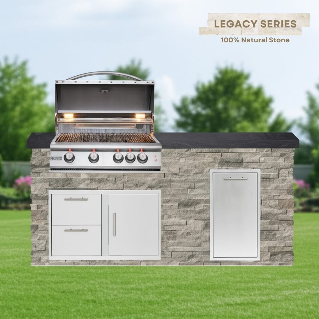The Legacy Classic 6 Ft Island with 32" Blaze LTE Grill, Drawer Combo, Trash Bin & Granite Countertop