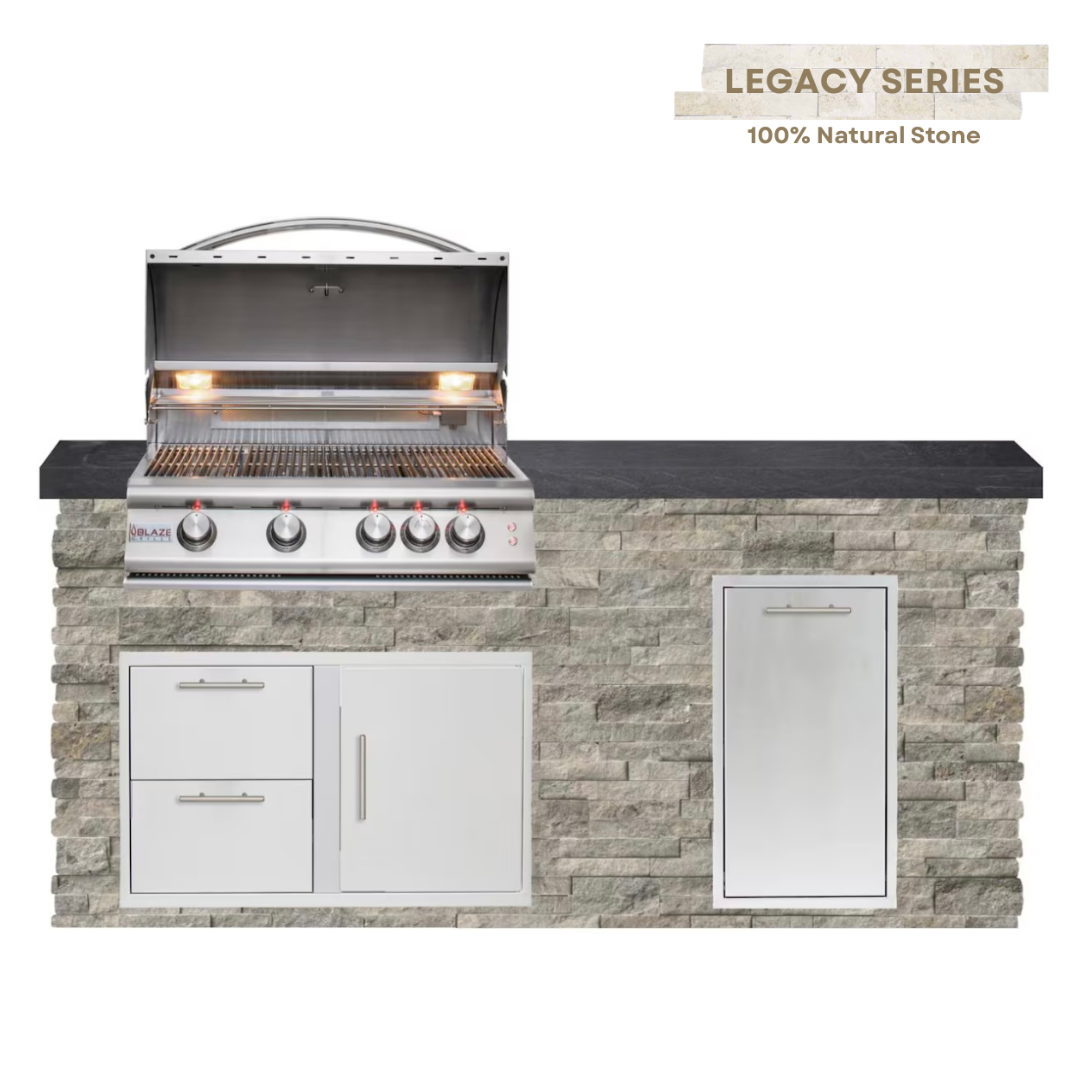 The Legacy Classic 6 Ft Island with 32" Blaze LTE Grill, Drawer Combo, Trash Bin & Granite Countertop