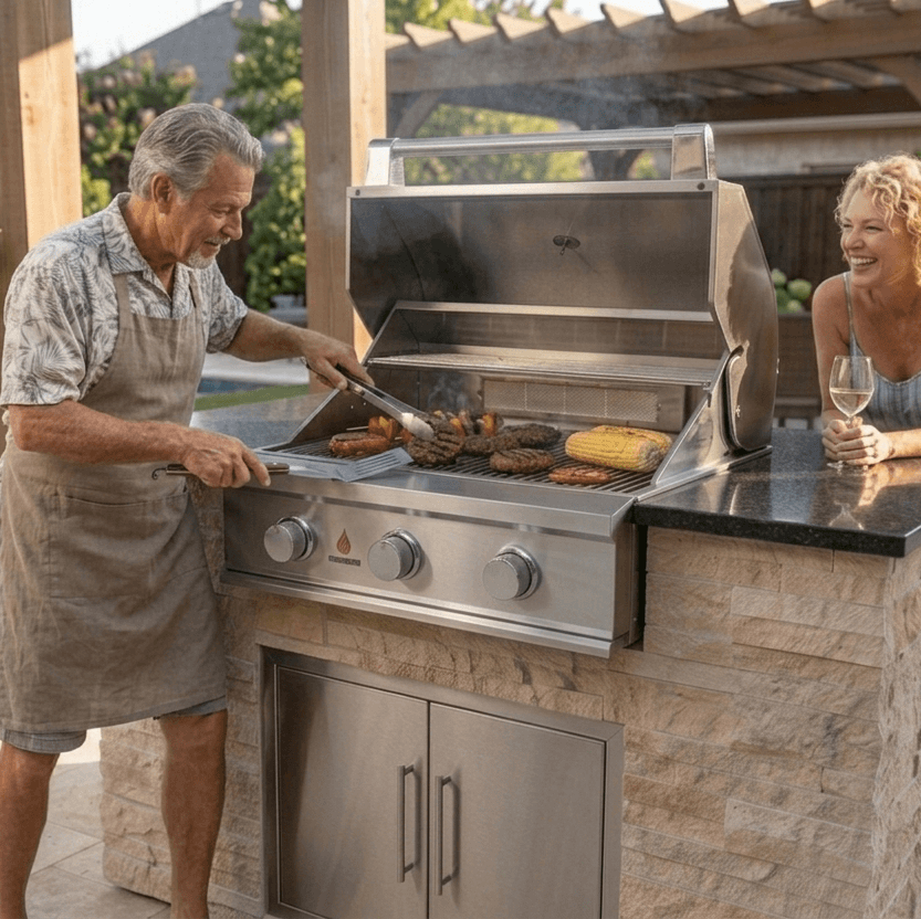 A couple enjoying a backyard barbecue using a 5-foot travertine natural stone outdoor kitchen island with an open True Flame gas grill.