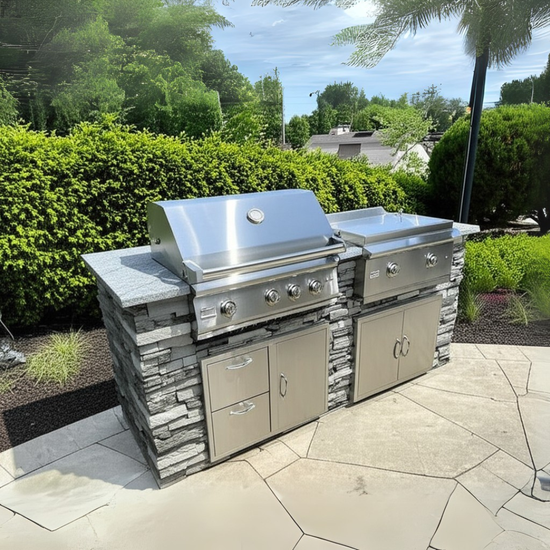 The Parkview 8 Ft Island with 32" Blaze Grill, Griddle, Double Drawer Combo & Granite Countertop