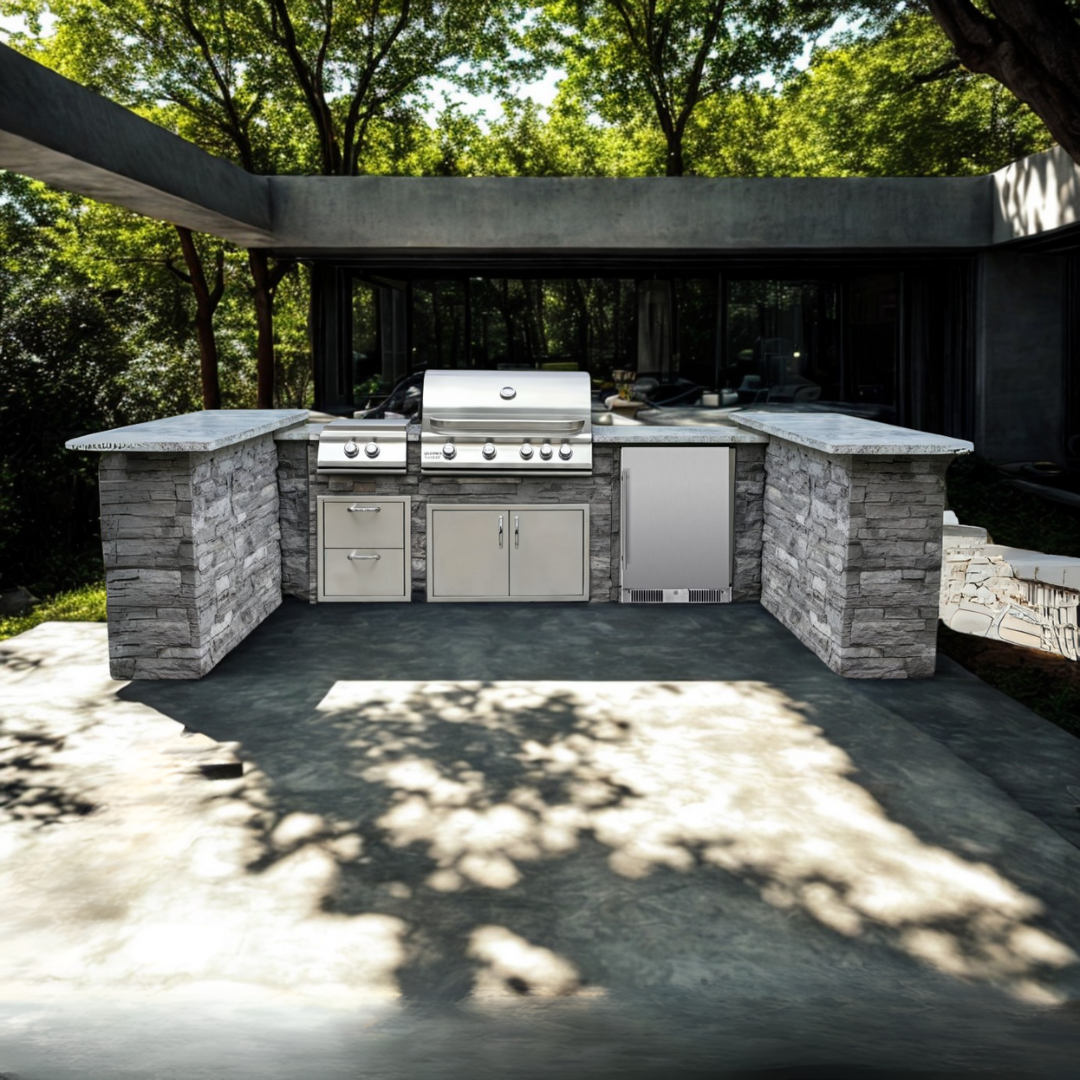 The Monarch U-shaped Bar Island 8 Ft with 32" Blaze Grill, Power Burner, Refrigerator & Granite Countertop
