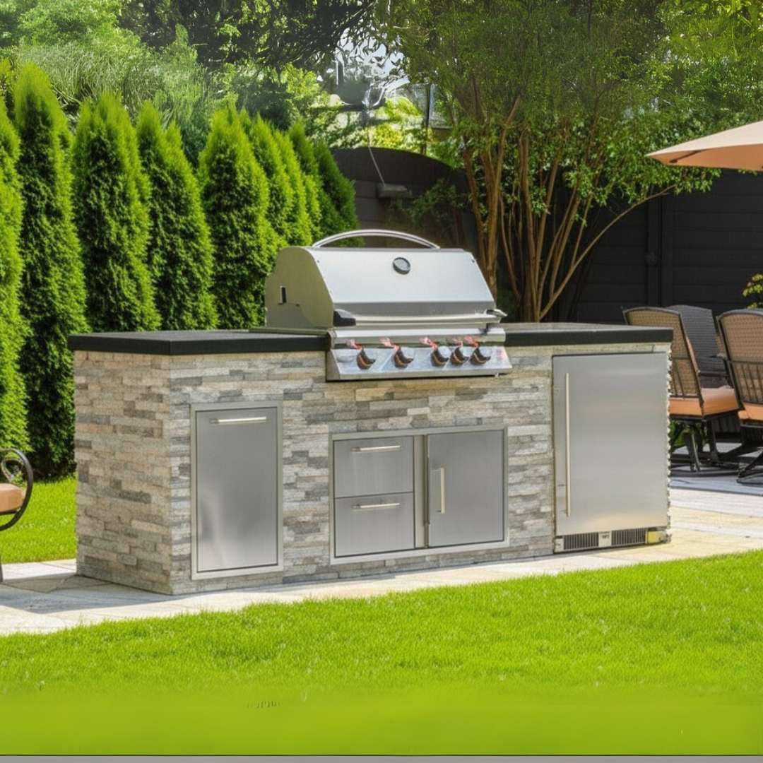 The Legacy Pro 8 Ft Island with 32" Blaze LTE Grill, Refrigerator, Drawers, Trash Bin & Granite Countertop