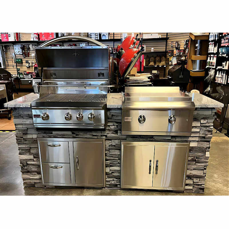 The Parkview 8 Ft Island with 32" Blaze Grill, Griddle, Double Drawer Combo & Granite Countertop